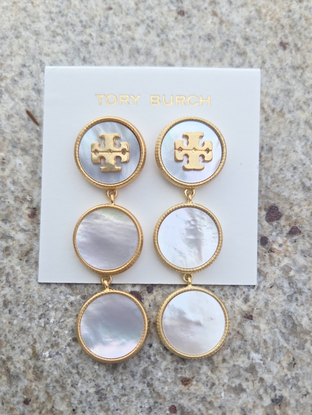 Tory Burch Gold Tone Mother of Pearl Double Drop Logo Earrings